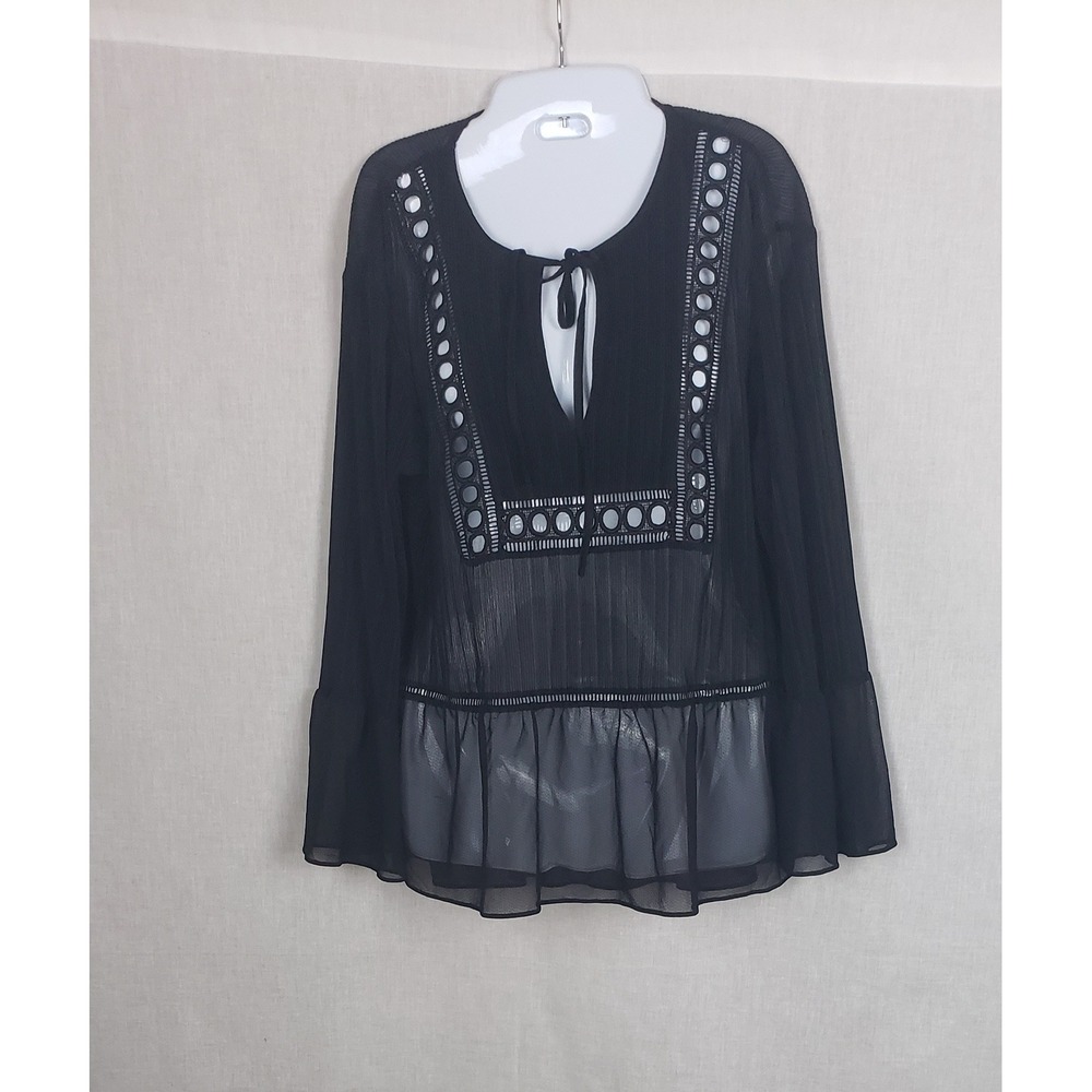Whimsigoth Ribbed Blouse Dark Fairy Vamp Romantic Poet Sheer Black Keyhole‎ Neck